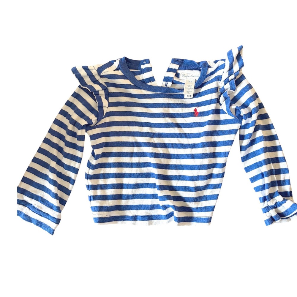 Ralph‎ Lauren Baby Blue Striped Long Sleeve Ruffle Button Back Shirt 24M